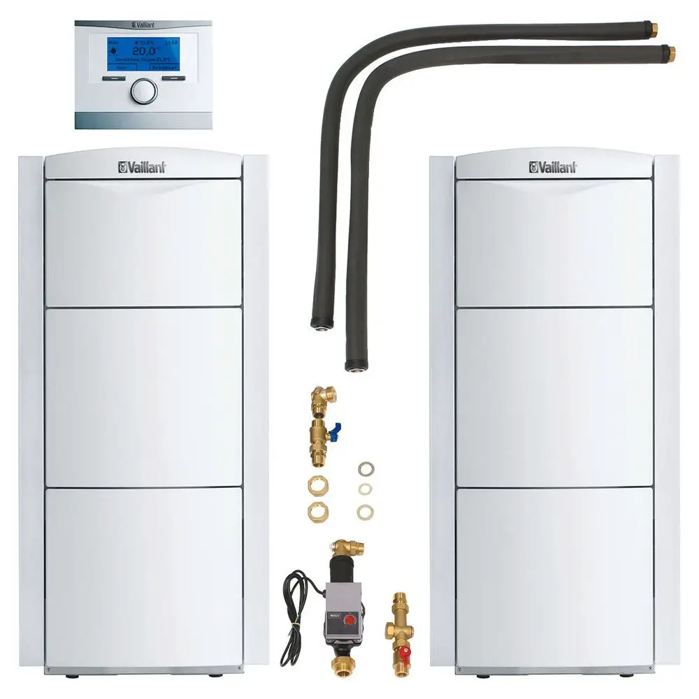 Vaillant Heizgerät-Set mit zwei vertikalen Einheiten, Display zur Steuerung, zwei Verbindungsschläuchen und verschiedenen Montagekomponenten.
